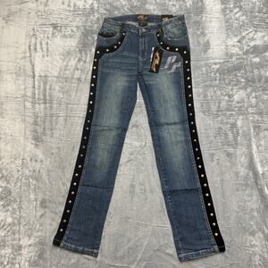 New Platinum Plush Embroidered Studded Straight Jeans Womens Size 7 Velvet‎ Blue